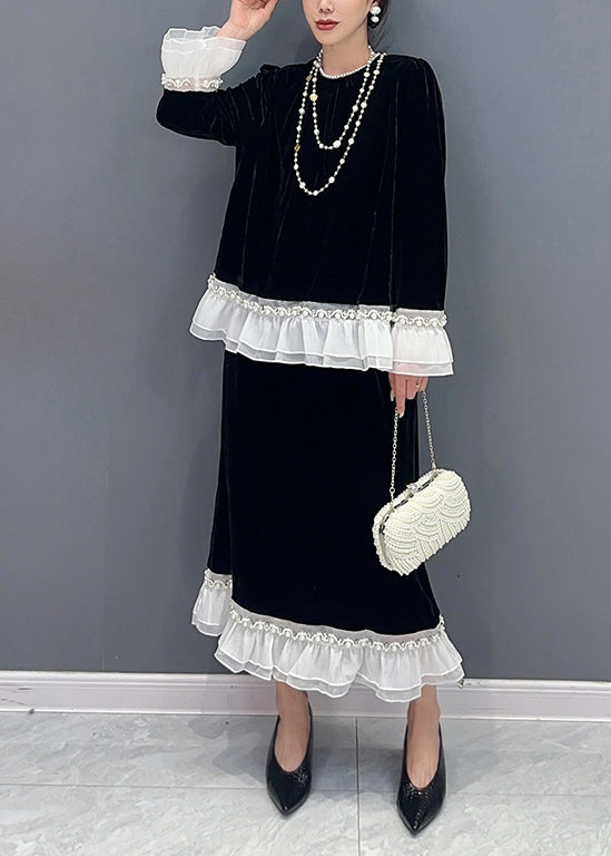 Classy Black O-neck Ruffled Tops and Skirts Velour Two Pieces Set Fall