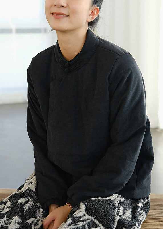 Black Button Pockets Fine Cotton Coats Stand Collar