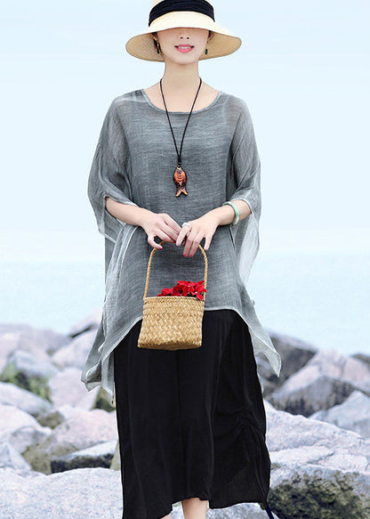Grey Loose Linen Upf 50+ Tops Low High Design Short Sleeve