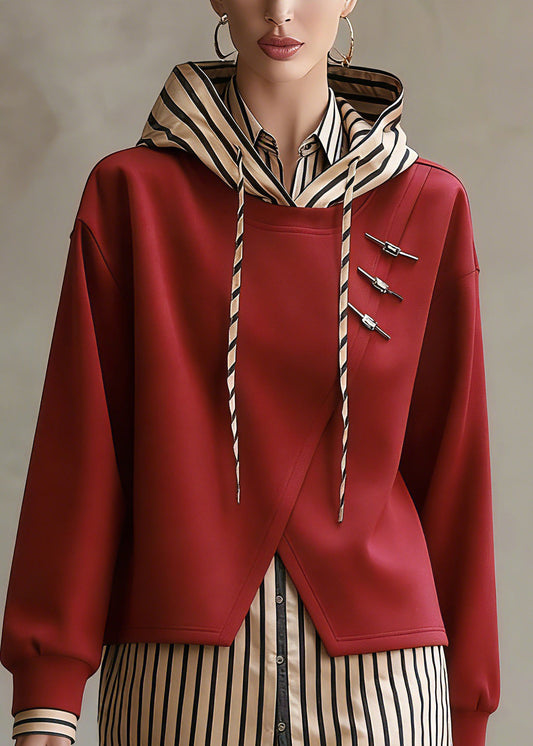 Unique Red Hooded Patchwork False Two Pieces Cotton Top Fall