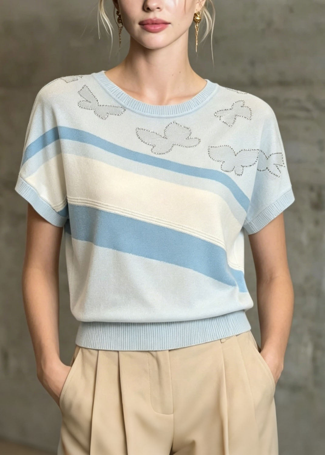 Modern Light Blue O Neck Zircon Thin Knit T Shirt Summer