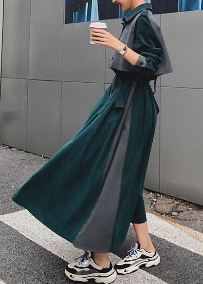 Blackish Green Patchwork Tie Waist Velour Sets 2 Pieces Fall