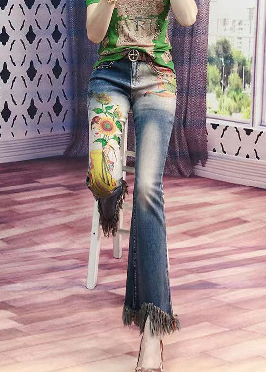 Blue Tasseled Pockets Print Denim Flare Bottoms Spring