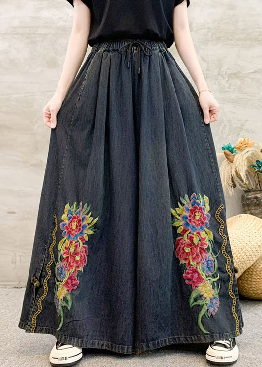 Dark Grey Embroidered Tie Waist Wide Leg Pants