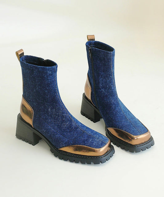 Blue Cowhide Leather Splicing Chunky Boots