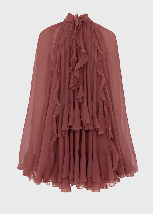 French Brick Red Ruffled Patchwork Chiffon Shirt Tops Spring