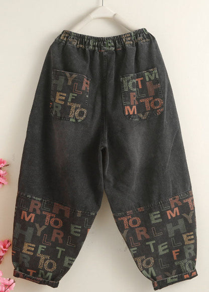 Black Pockets Graphic Print Denim Harem Pants Spring