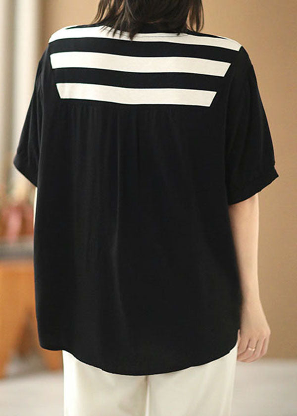 Black V Neck Patchwork Striped Silk Fake Two Piece Shirt Top Short Sleeve