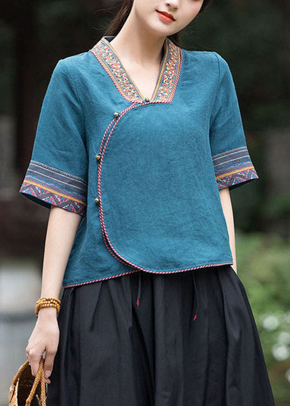 Art Peacock Blue Style Embroideried Linen Top Half Sleeve