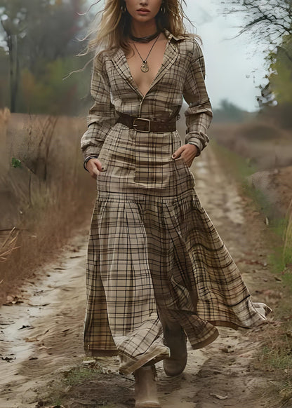 Peter Pan Collar Plaid Patchwork Cotton Long Dress Spring