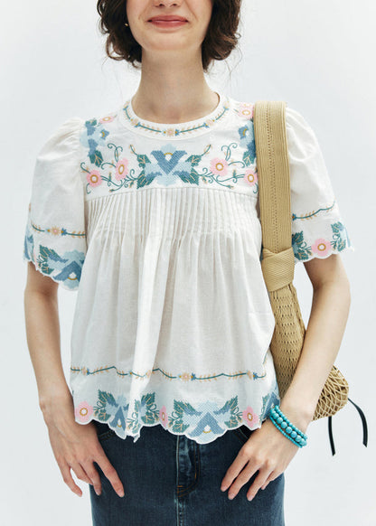 Yellow Embroidered Puff Sleeve Cotton Shirt Summer