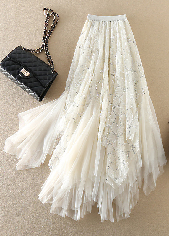 White Sequins Asymmetrical Design Tulle Skirts Spring