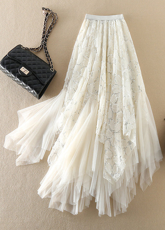 White Sequins Asymmetrical Design Tulle Skirts Spring