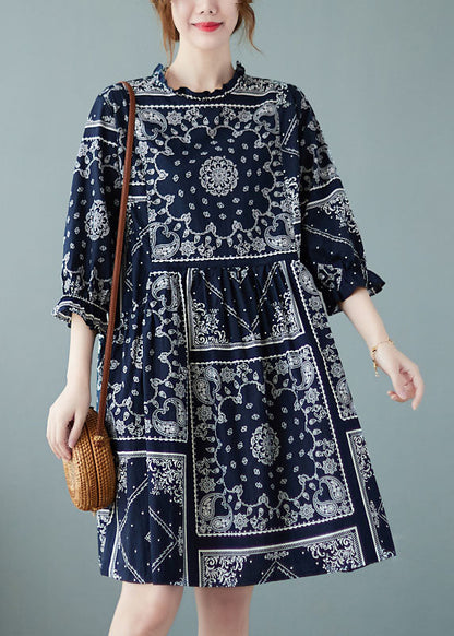 Navy O-neck Patchwork Print Fall Dress Half Sleeve