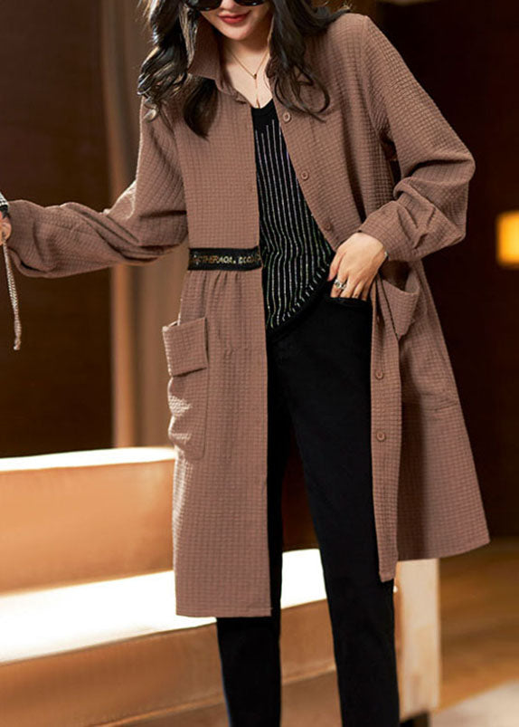 Coffee Peter Pan Collar Pockets Plaid Patchwork Long Coats Long Sleeve