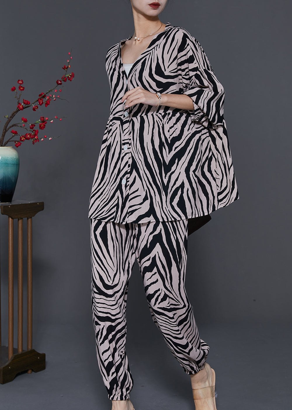 Oversized Zebra Pattern Cotton Two Pieces Set Spring