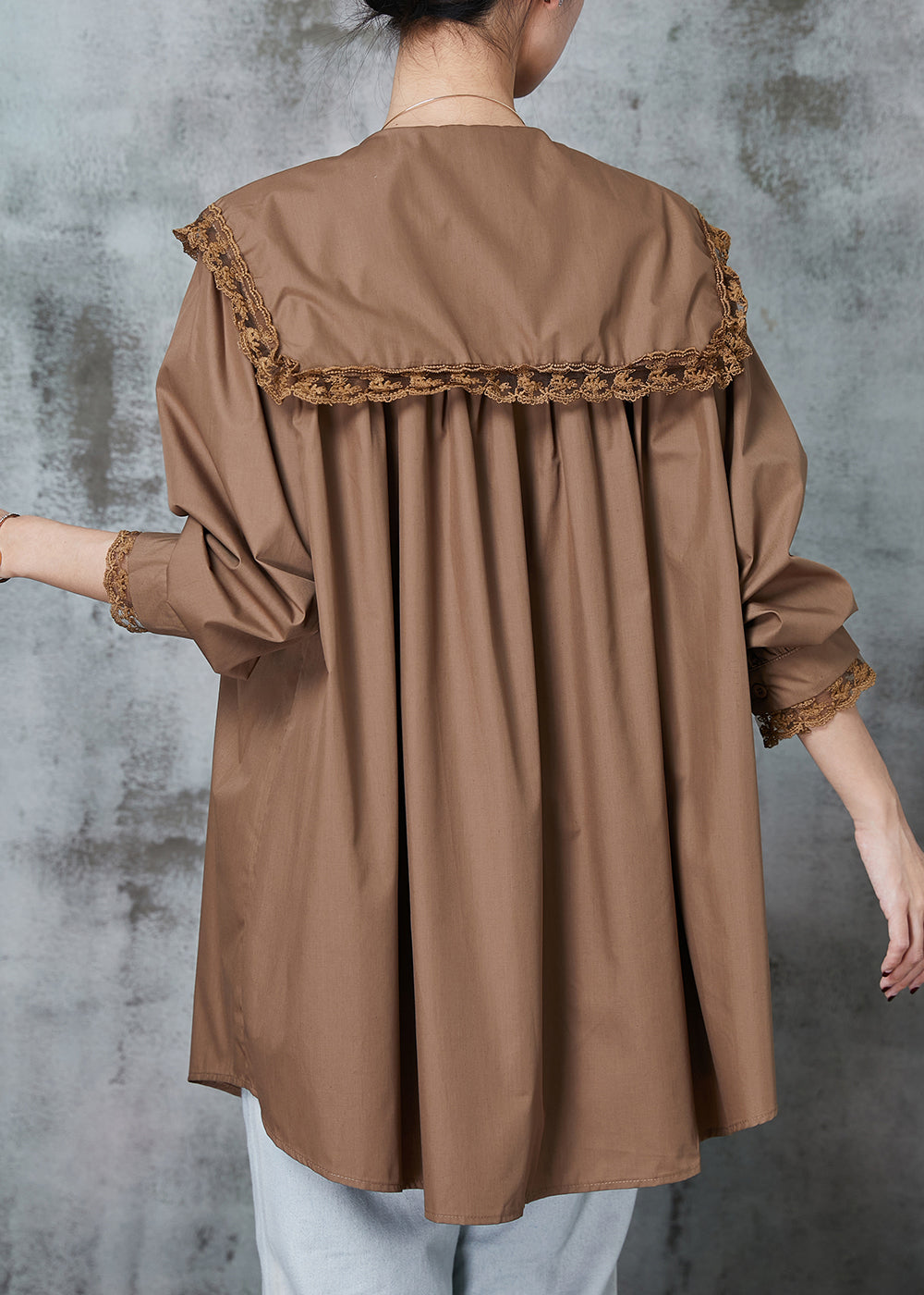Coffee Peter Pan Collar Patchwork Lace Cotton Shirts Spring