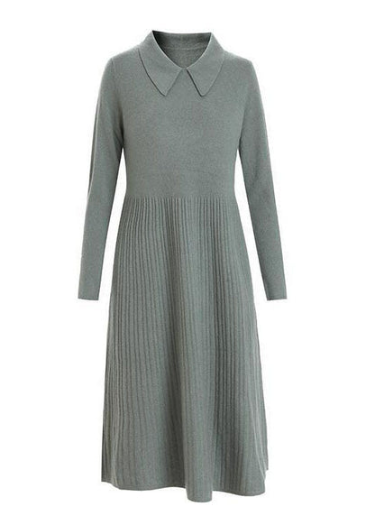 Modern Green Color Peter Pan Collar Wrinkled Knit Sweater Dress Long Sleeve