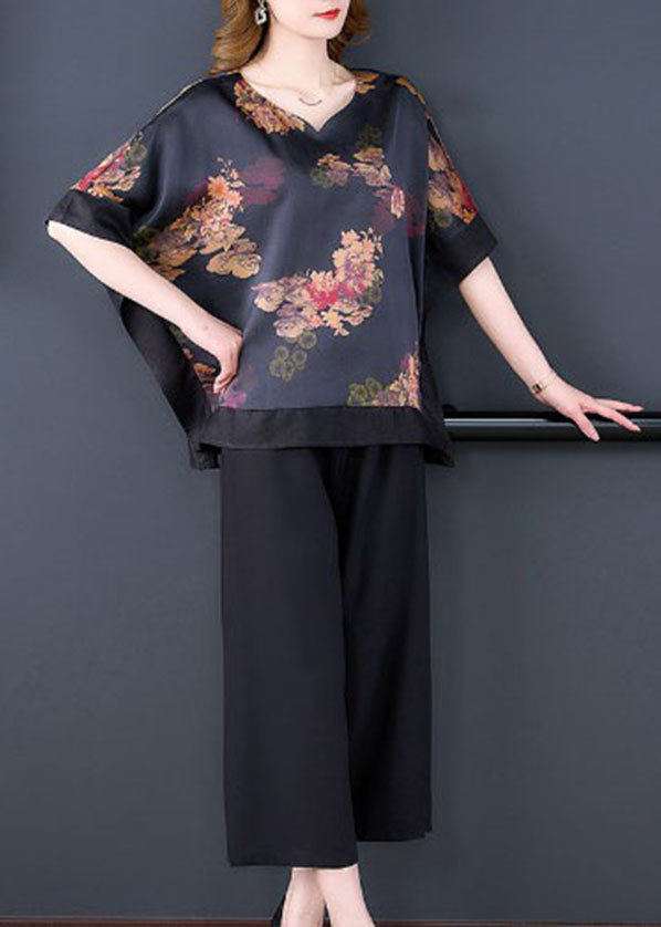 Handmade Black O-neck Asymmetrical Patchwork Print Silk Two Pieces Set Batwing Sleeve