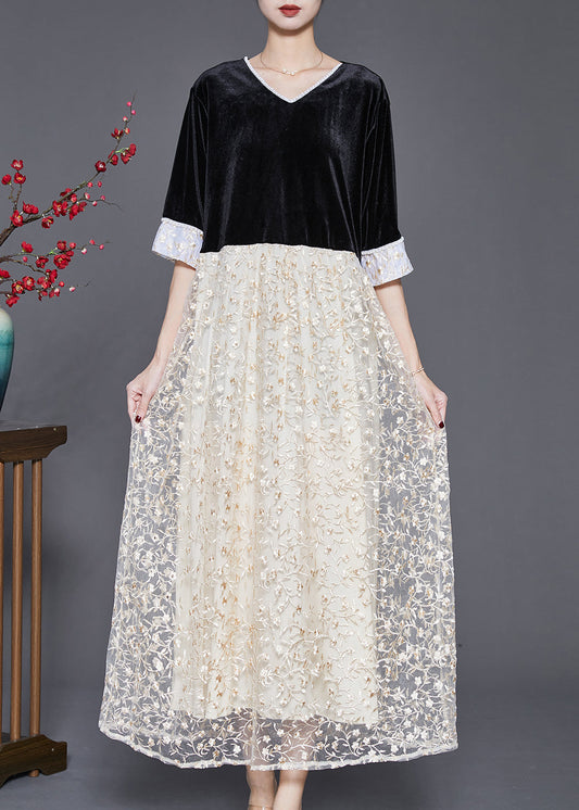 Black V Neck Patchwork Lace Silk Velour Long Dresses Half Sleeve