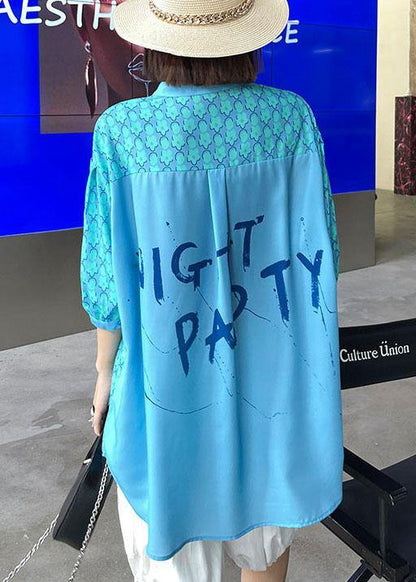 French Blue Print Button Patchwork Top Summer