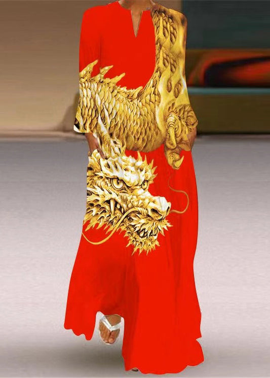 Red V Neck Animal Print Long Dress Long Sleeve