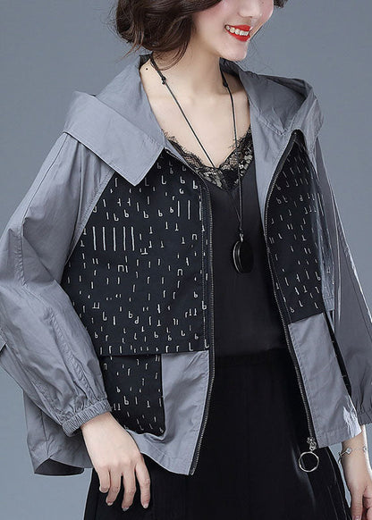 Black Hooded Print Pockets Patchwork Cotton Tops Coats Fall