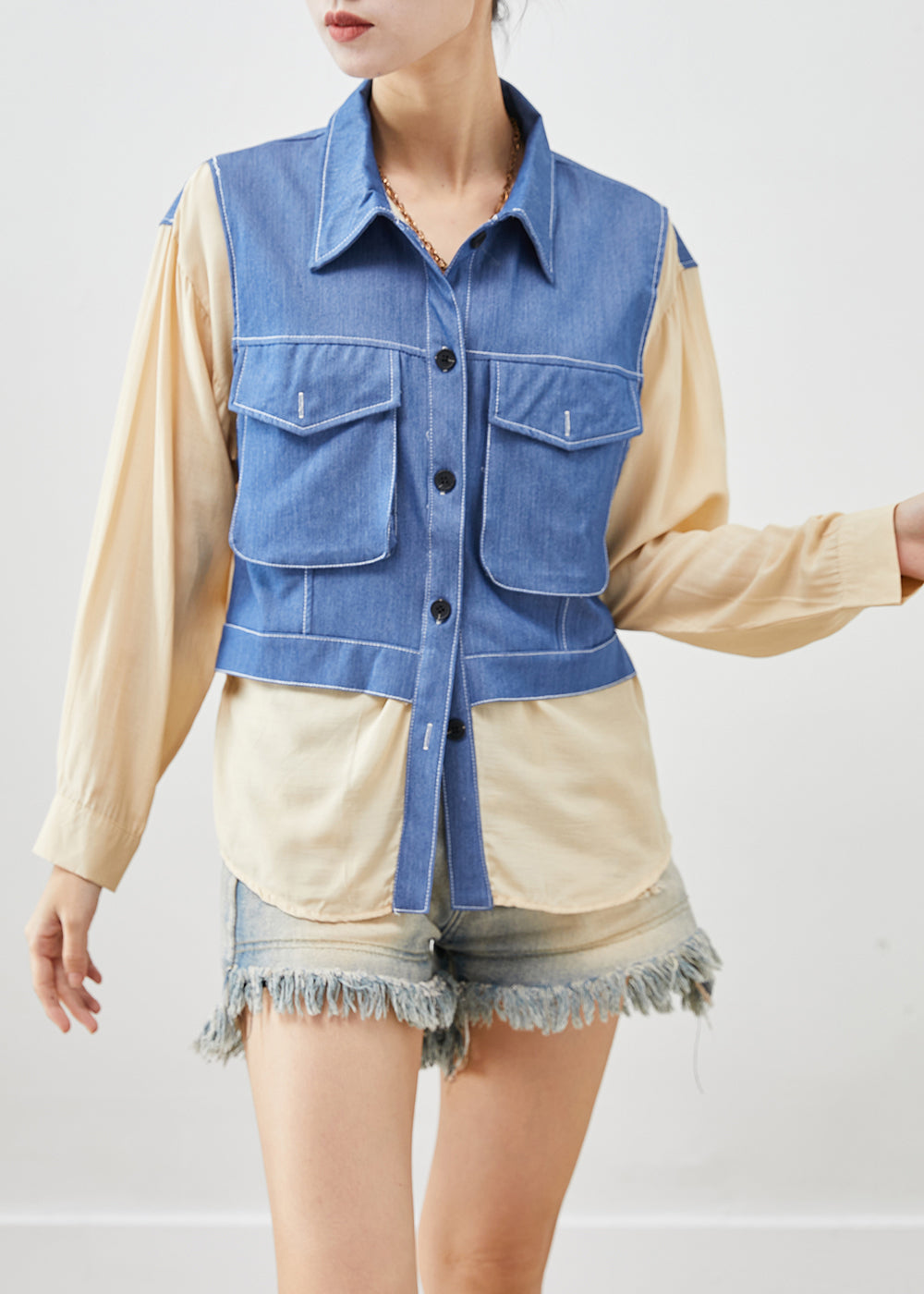 Apricot Oversized Patchwork Cotton Fake Two Piece Shirt Top Fall