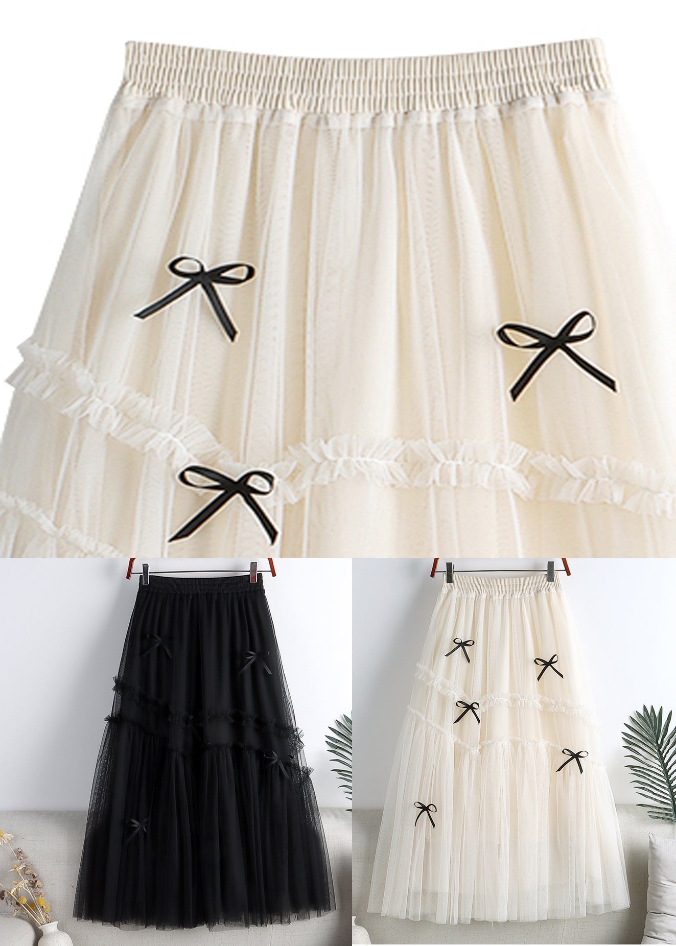 Black Bow High Waist Tulle a Line Skirts Fall