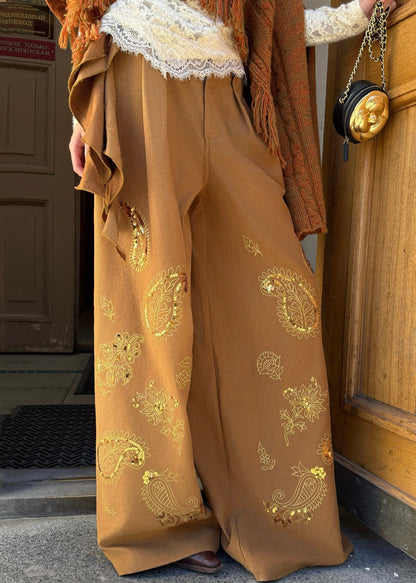 Brown Embroidered Asymmetrical Sequins Wide Leg Pants Fall