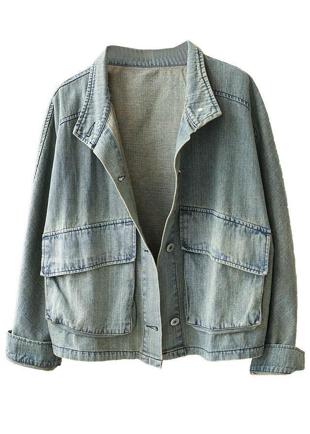 Light Blue Pockets Button Fall Denim Long Sleeve Coat
