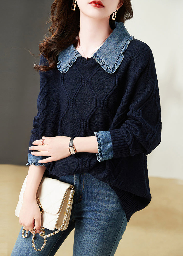 Navy Ruffled Patchwork False Two Pieces Cotton Knit Top Long Sleeve