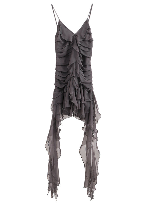 Diy Grey V Neck Asymmetrical Design Chiffon Sundress Sleeveless