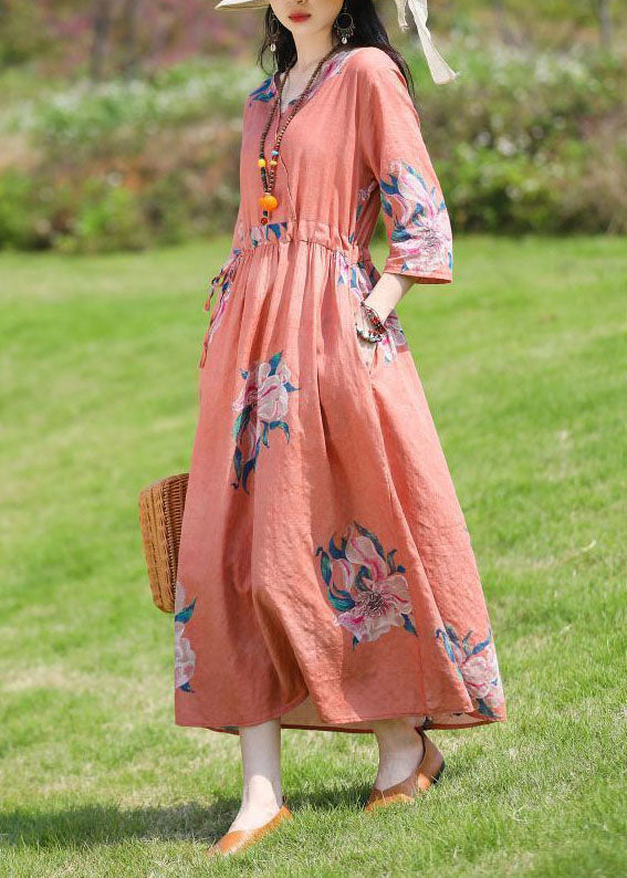Red V Neck Print Cinched Patchwork Linen Dress Summer