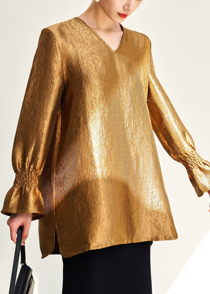 New Gold V Neck Side Open Silk Shirt Fall