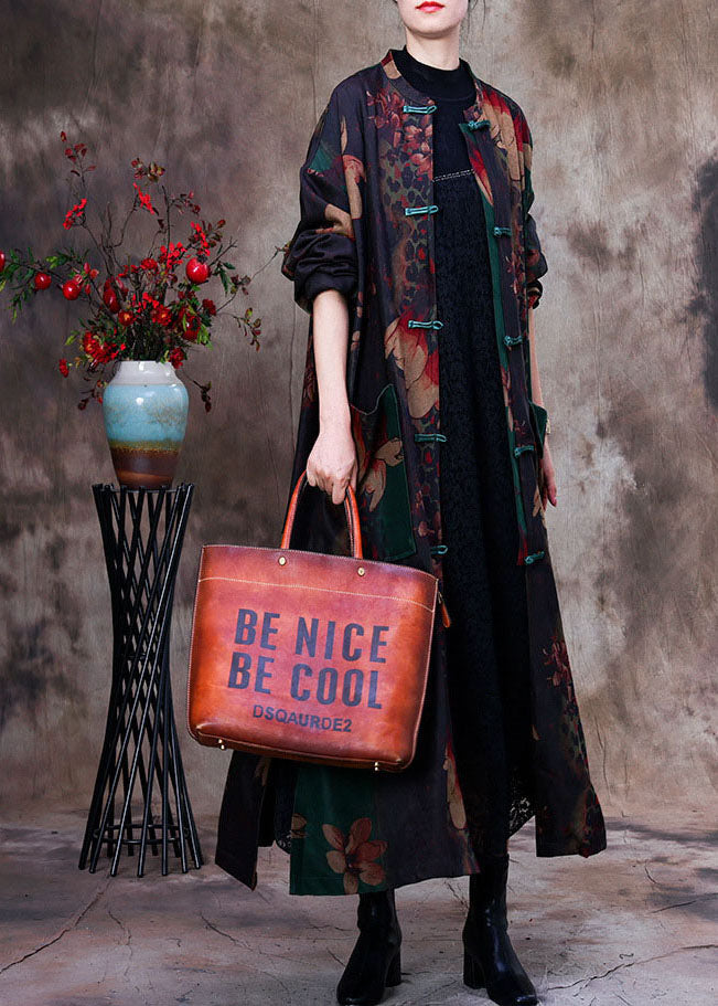 Green Print Patchwork Side Open Oriental Button Cotton Trench Coat Long Sleeve