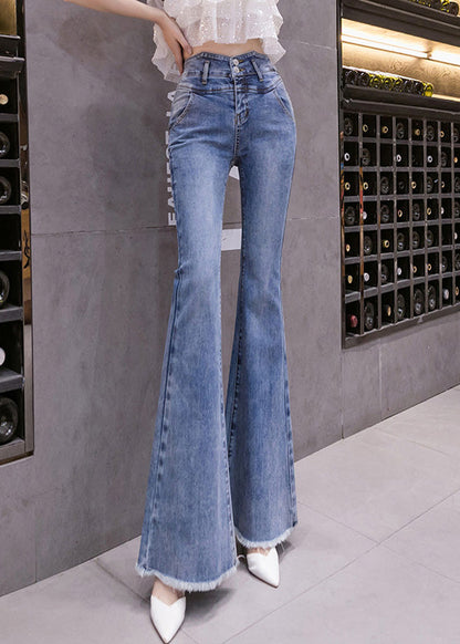 Blue High Waist Button Long Jeans Spring