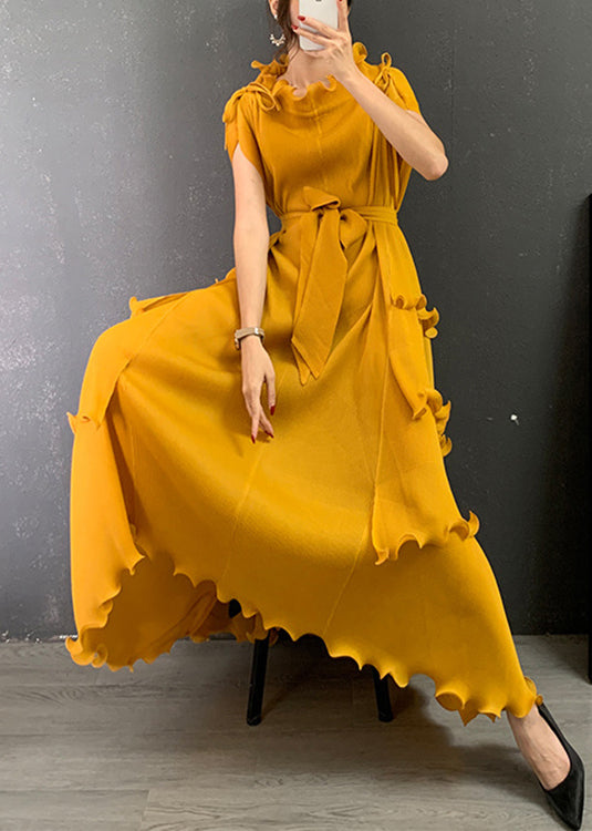 Yellow O-neck Ruffled Tie Waist Long Dresses Short Sleeve