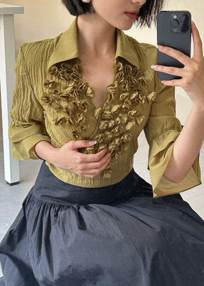 Yellow Peter Pan Collar Wrinkled Cotton Shirts Bracelet Sleeve