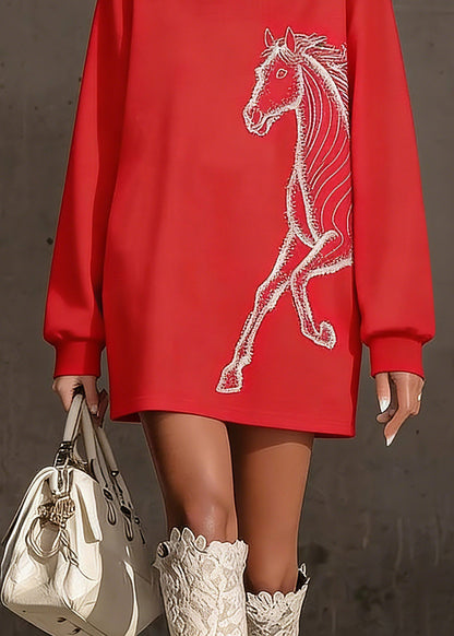 Organic Red O-neck Horse Zircon Pullover Spring