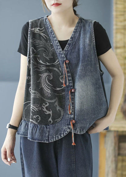Black Tasseled Patchwork Denim Sleeveless Vest