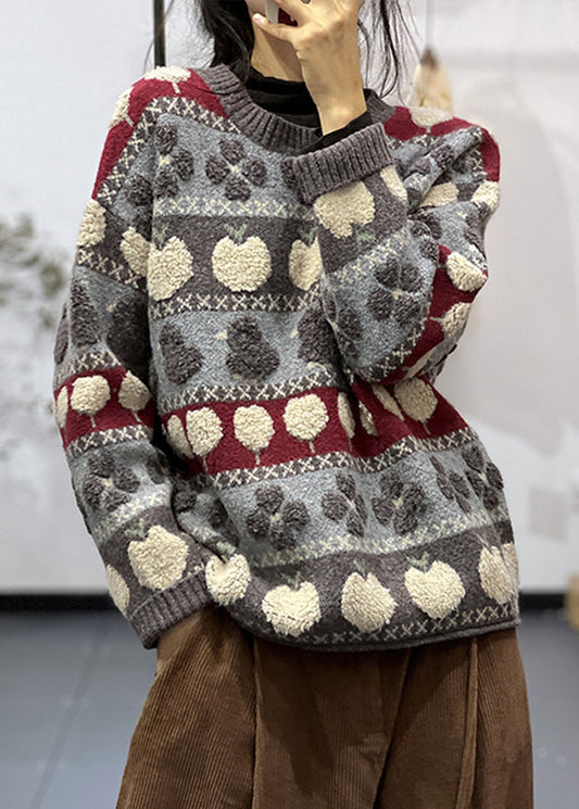 Grey O Neck Patchwork Cozy Cotton Knit Sweaters Long Sleeve