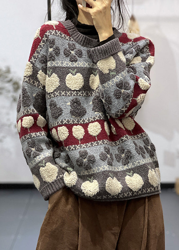 Grey O Neck Patchwork Cozy Cotton Knit Sweaters Long Sleeve