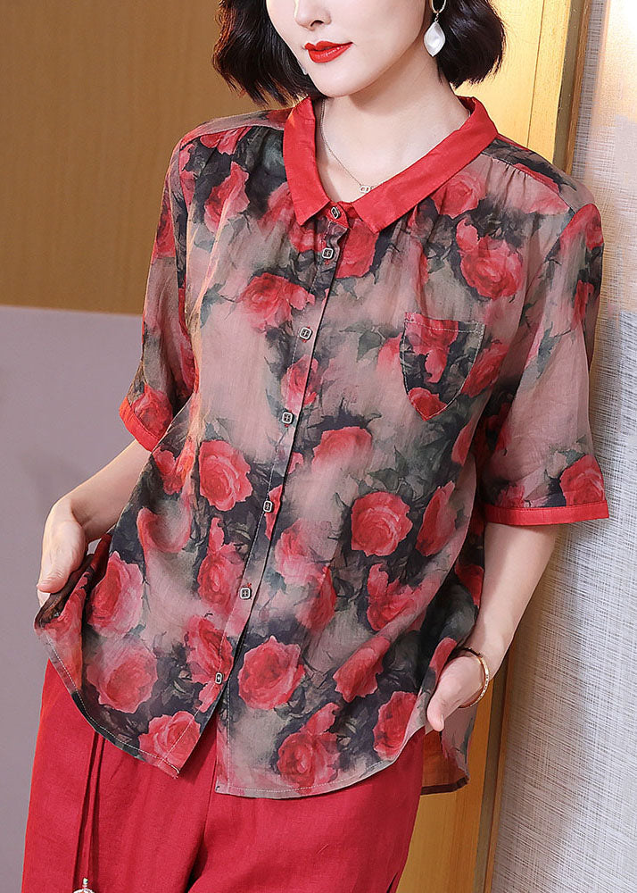 Red Peter Pan Collar Print Button Patchwork Linen Top Summer