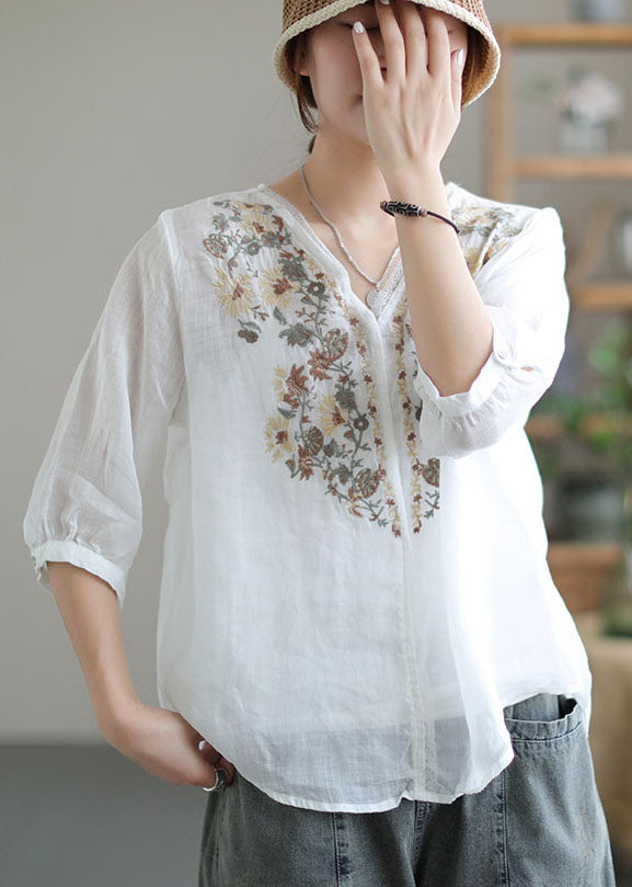 White V Neck Embroideried Linen Blouse Tops Half Sleeve