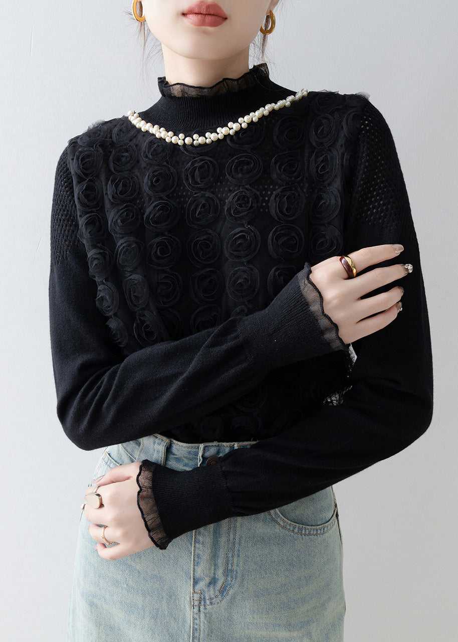 Black Decorated Knit Shirt Top Stand Collar Spring