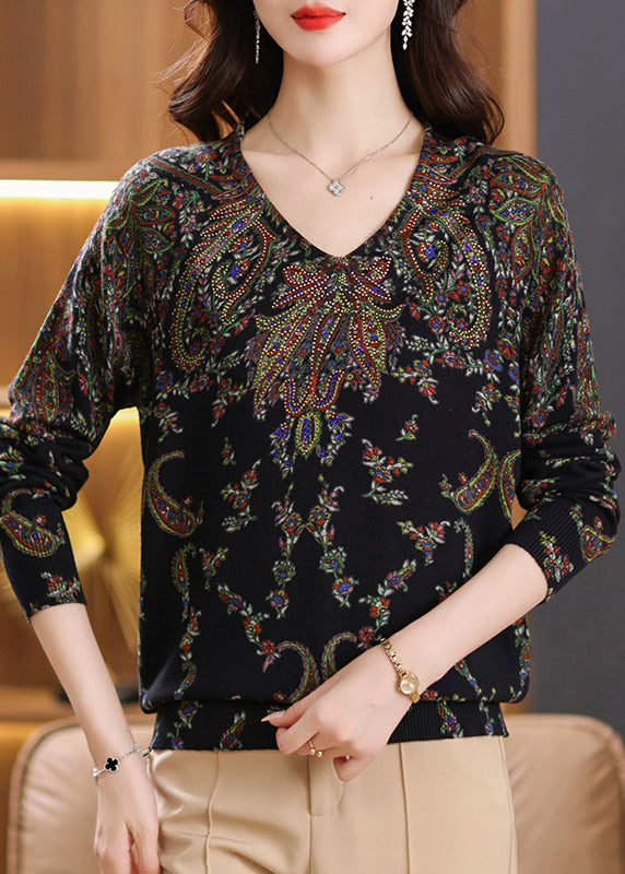 Beige V Neck Zircon Print Woolen Sweater Tops Spring