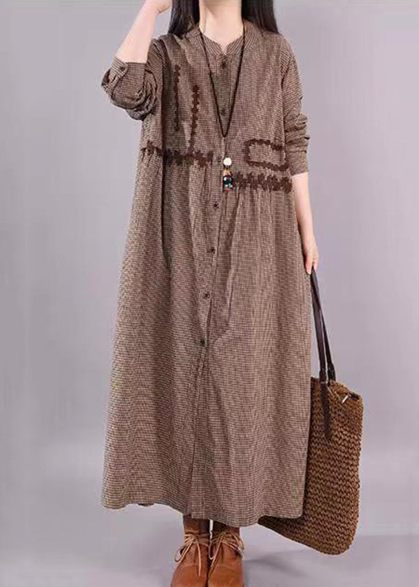 Coffee O Neck Plaid Patchwork Cotton Long Dress Fall