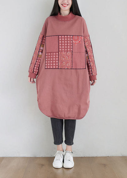 Pink Stand Collar Print Cotton Loose Sweatshirt Dress Spring