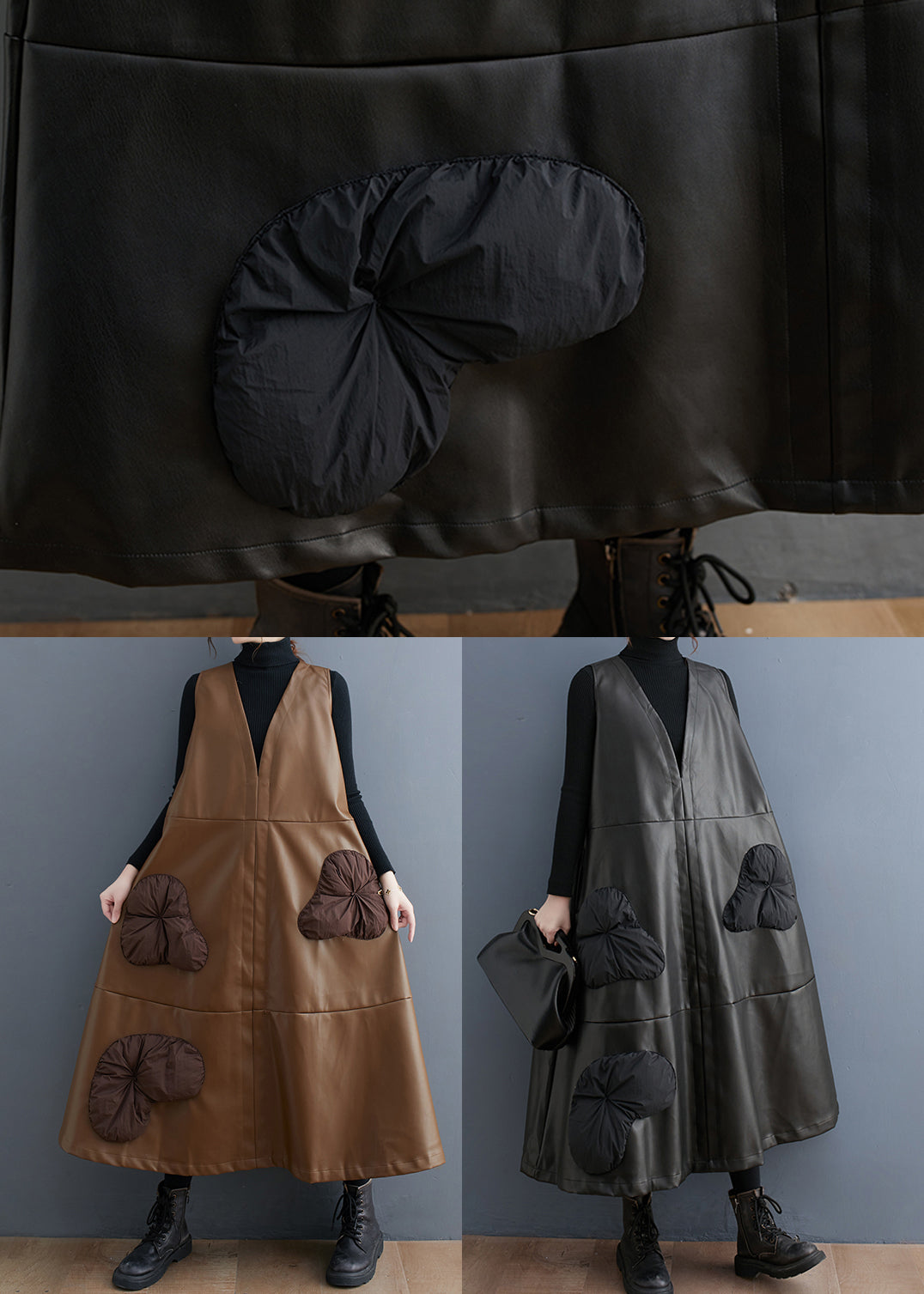 Khaki Stereoscopic Faux Leather Maxi Dresses V Neck Sleeveless
